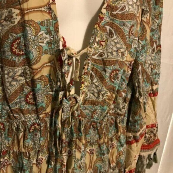 Bohemian Floral Print Woven Bell Sleeve Flounce Gypsy Maxi Dress XL - Picture 12 of 14